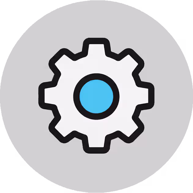 White settings gear icon with blue centre