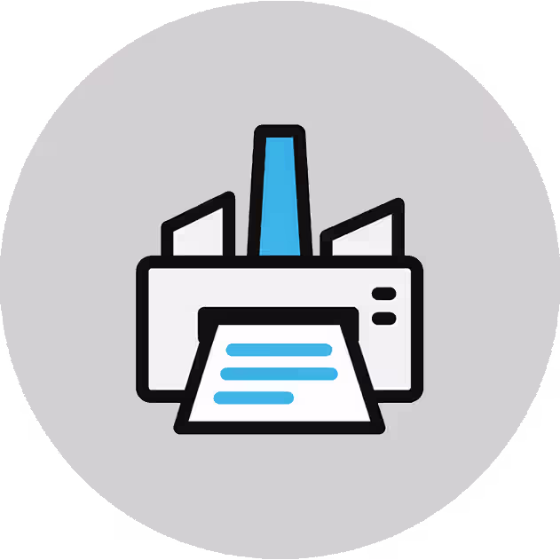 Blue and black printer icon on grey circle