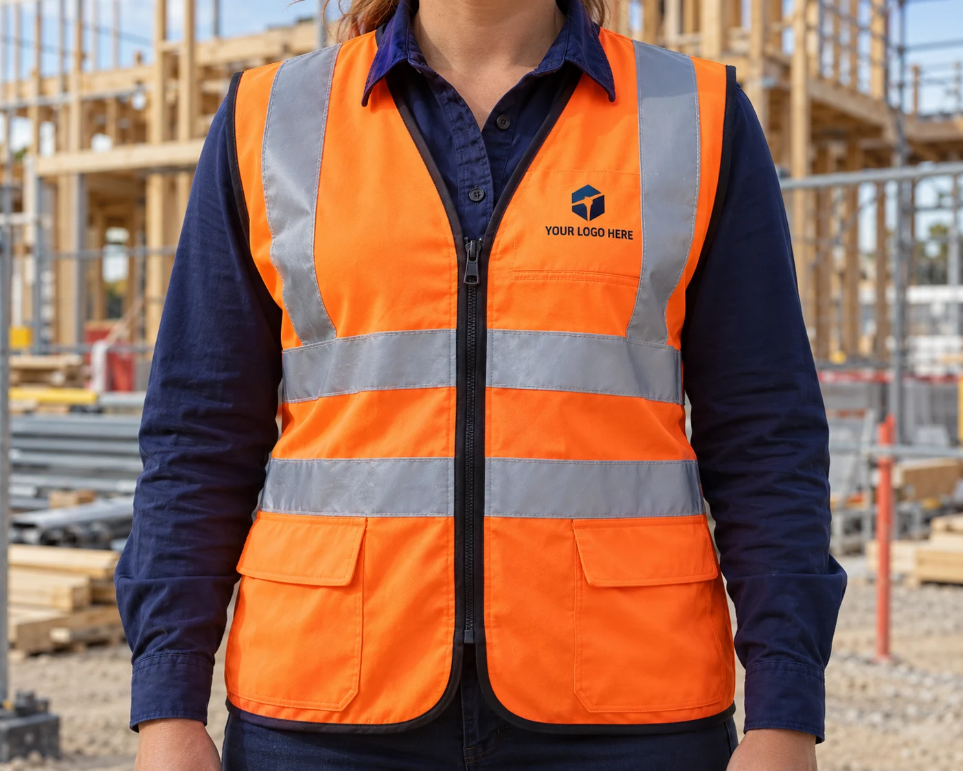 Torso view of a woman wearing an orange hi-vis vest with reflective tape and “YOUR LOGO HERE” branding over a navy long-sleeved work shirt at a construction site.