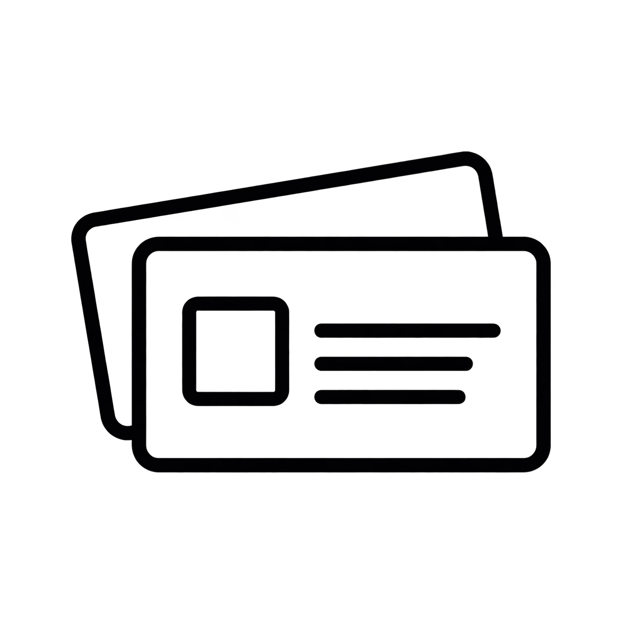 Black outline icon of overlapping business cards with a logo placeholder and contact lines.