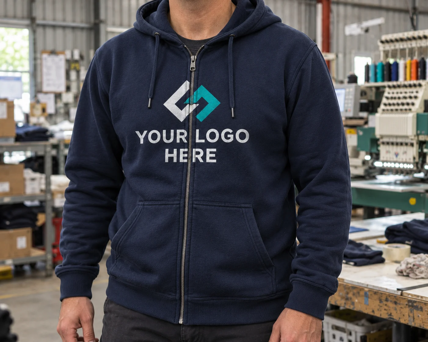 Person wearing a navy zip-up hoodie with a large white and teal “YOUR LOGO HERE” chest design in a working apparel factory.