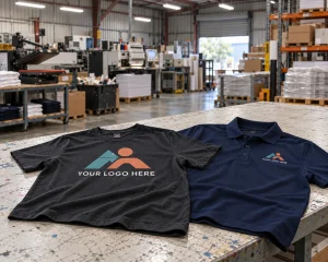 Printed charcoal T-shirt and embroidered navy polo on a worn workbench, with machinery, paper pallets and stock shelving in a working print factory.