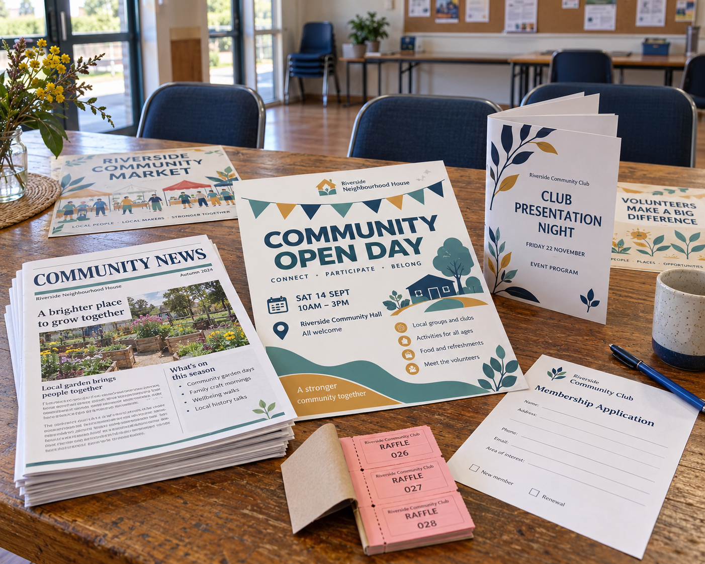 Community newsletters, event flyers, raffle tickets, a club program and membership forms arranged on a timber table in a neighbourhood house.