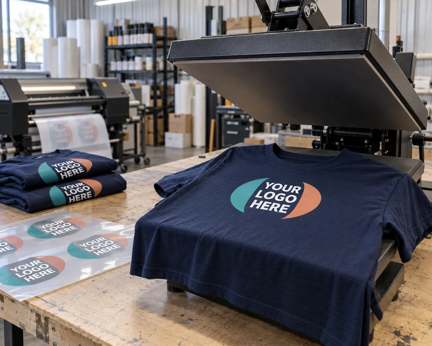 Navy T-shirt with a “YOUR LOGO HERE” design beneath an open heat press, with DTF transfer sheets and folded printed shirts on a workshop bench.