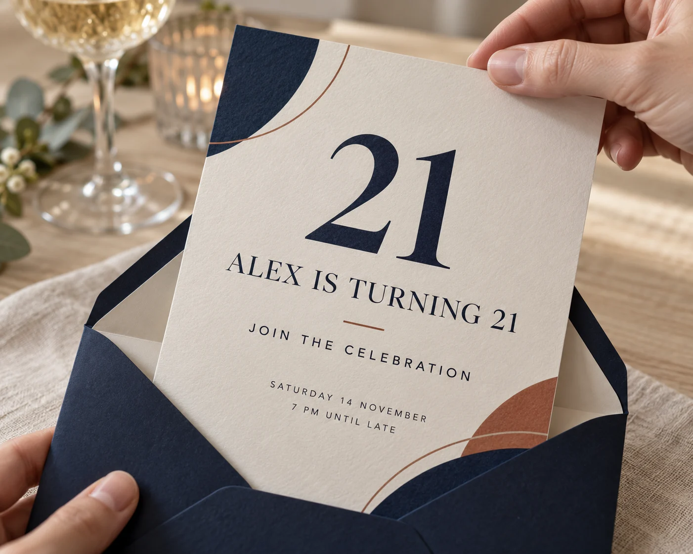Close-up of hands pulling an ivory 21st birthday invitation with navy and terracotta details from a matching navy envelope.