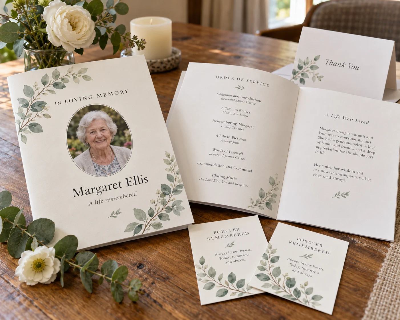 Funeral order-of-service booklets, memorial keepsake cards and a thank-you card with eucalyptus designs on a timber table beside white flowers