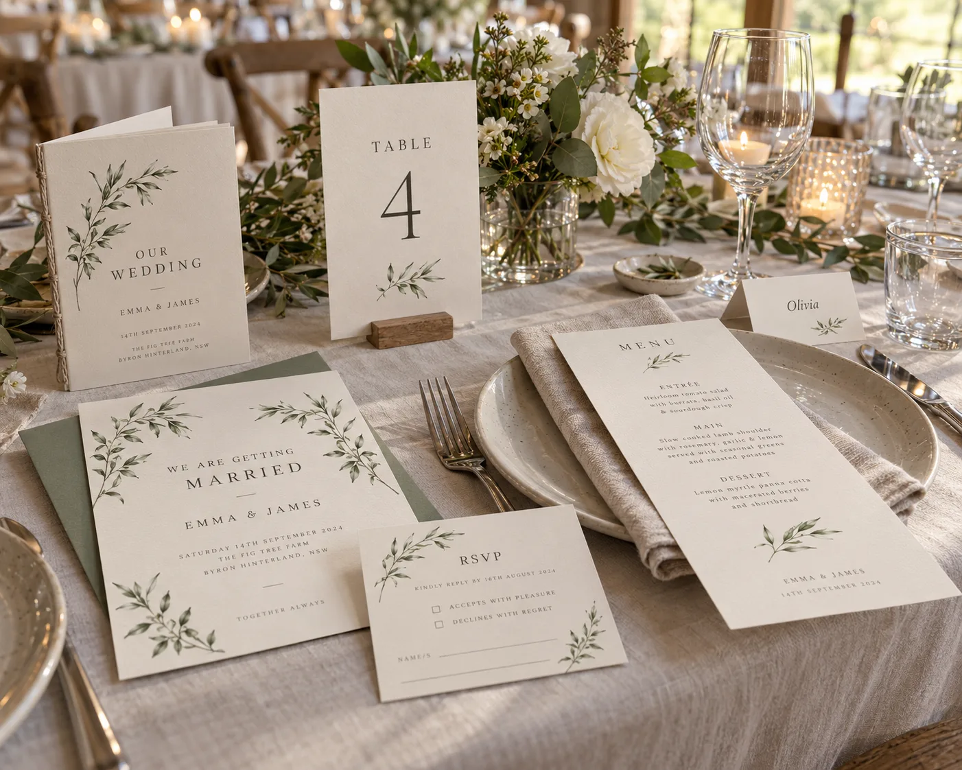 Coordinated botanical wedding invitations, RSVP card, ceremony booklet, menu, place card and table number on a reception table with flowers, linen and glassware.