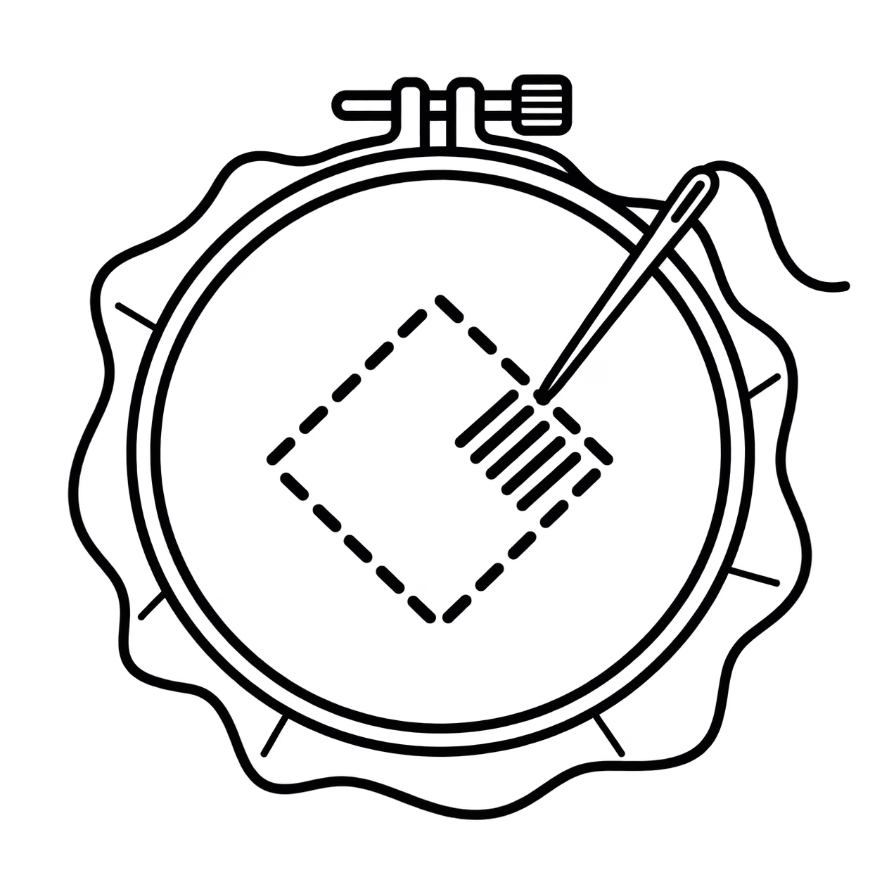 Black outline icon of an embroidery hoop with a needle, thread and partially stitched design.