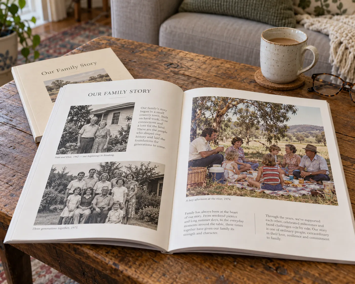 Open family history book displaying vintage photographs and personal stories on a timber coffee table, beside a mug and reading glasses.