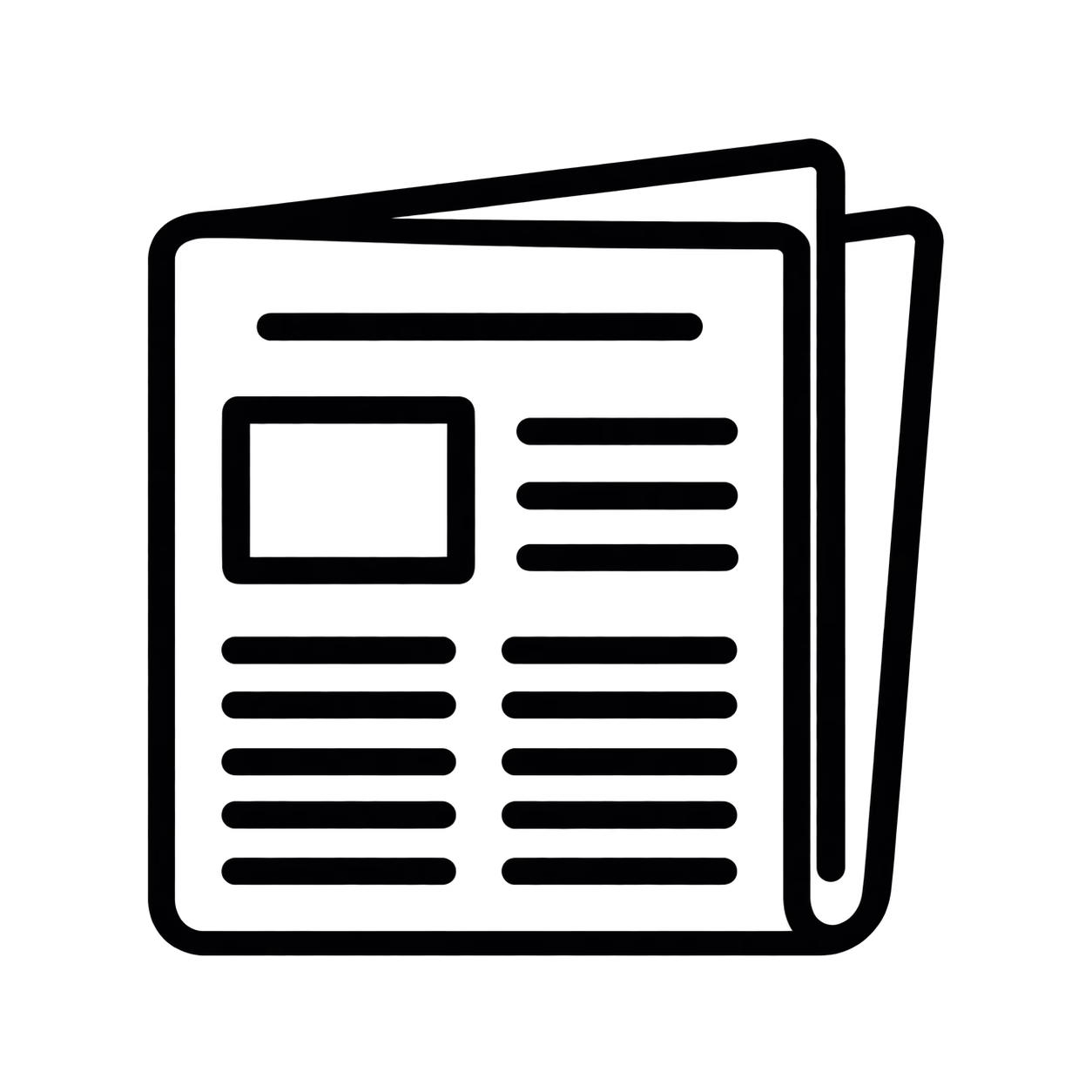 Black outline icon of a folded newsletter with text columns and a photo placeholder.