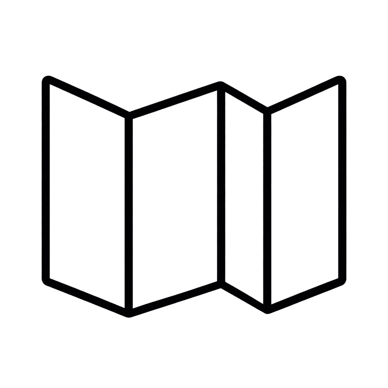 Black outline icon of a three-panel folded brochure.