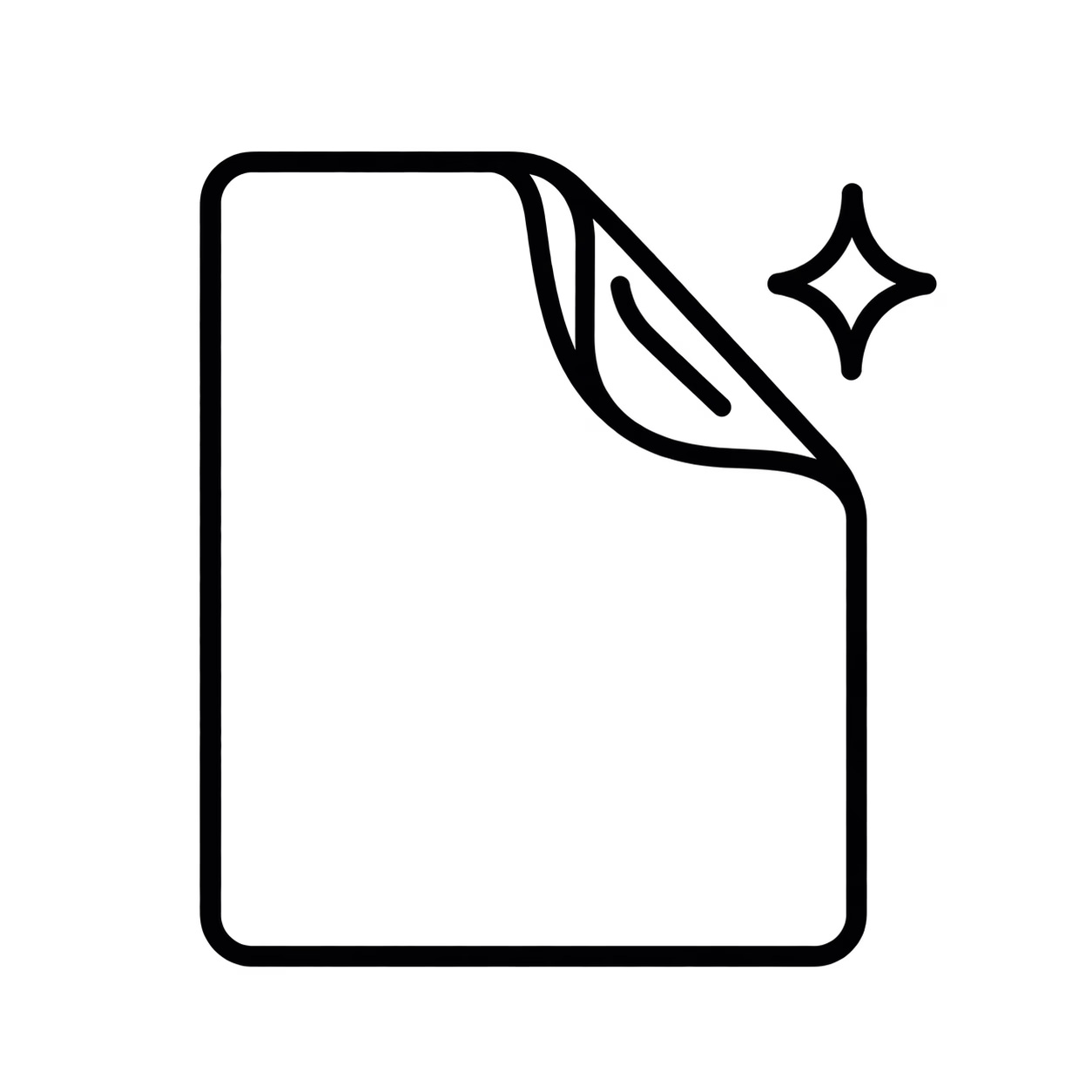 Black outline icon of a paper sheet with a peeling laminate layer and a sparkle.