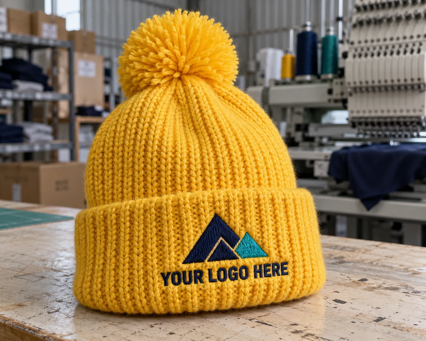 Close-up of a bright yellow knitted pompom beanie with a navy and teal “YOUR LOGO HERE” design embroidered on its folded cuff.