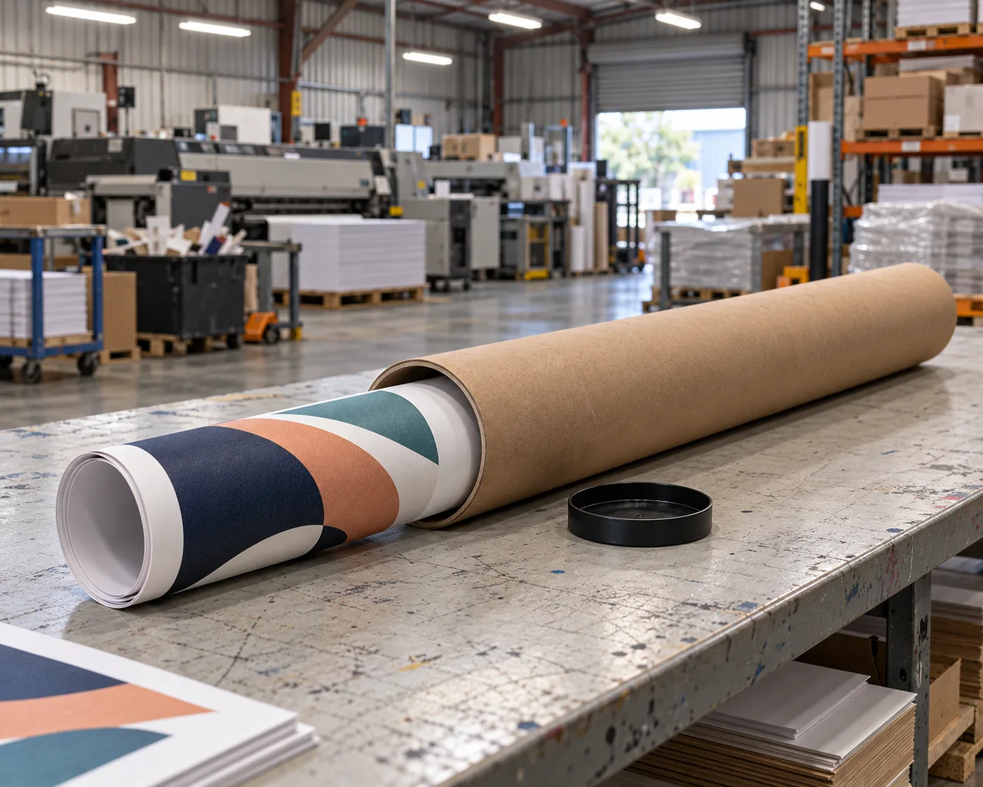 Rolled poster partially extending from a cardboard shipping tube on a worn workbench, with printing machinery and stock pallets in the factory background.