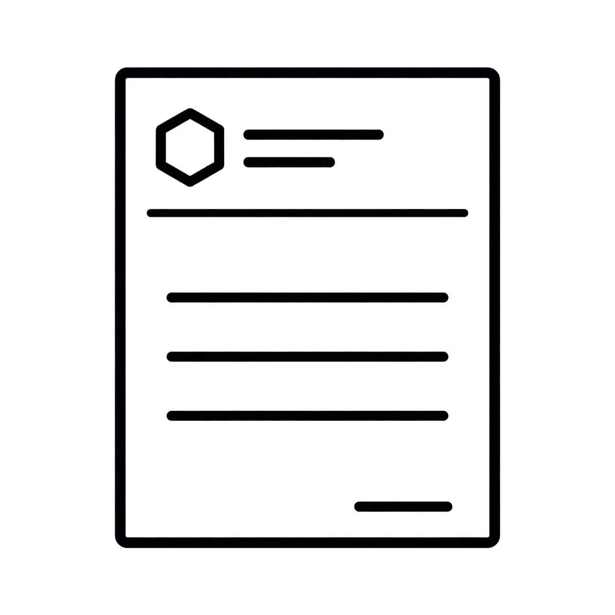 Black outline icon of a letterhead sheet with a logo placeholder, header and text lines.