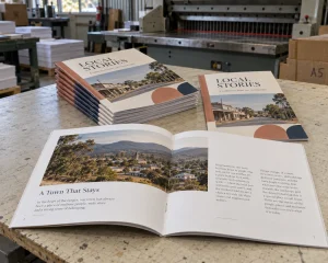 Small batch of “Local Stories” booklets on a print workshop bench, with an open copy showing photographs, text and saddle stitching.