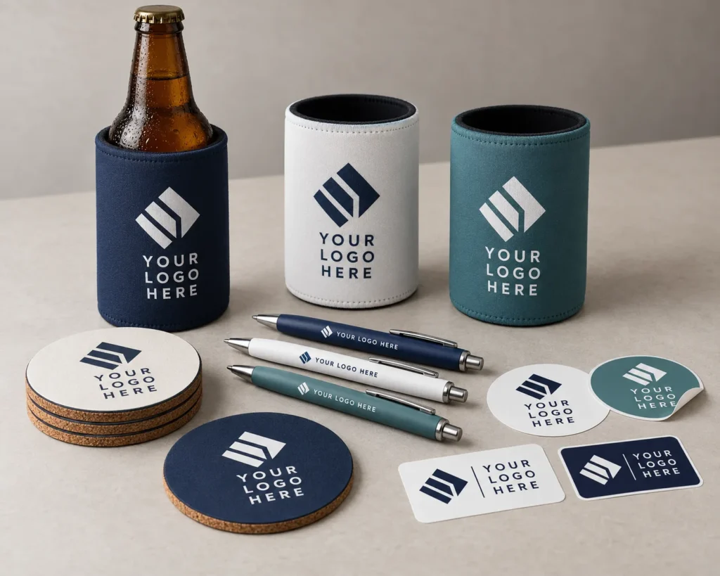 Promotional stubby holders, coasters, pens and stickers in navy, white and teal, each featuring a mock “YOUR LOGO HERE” design.