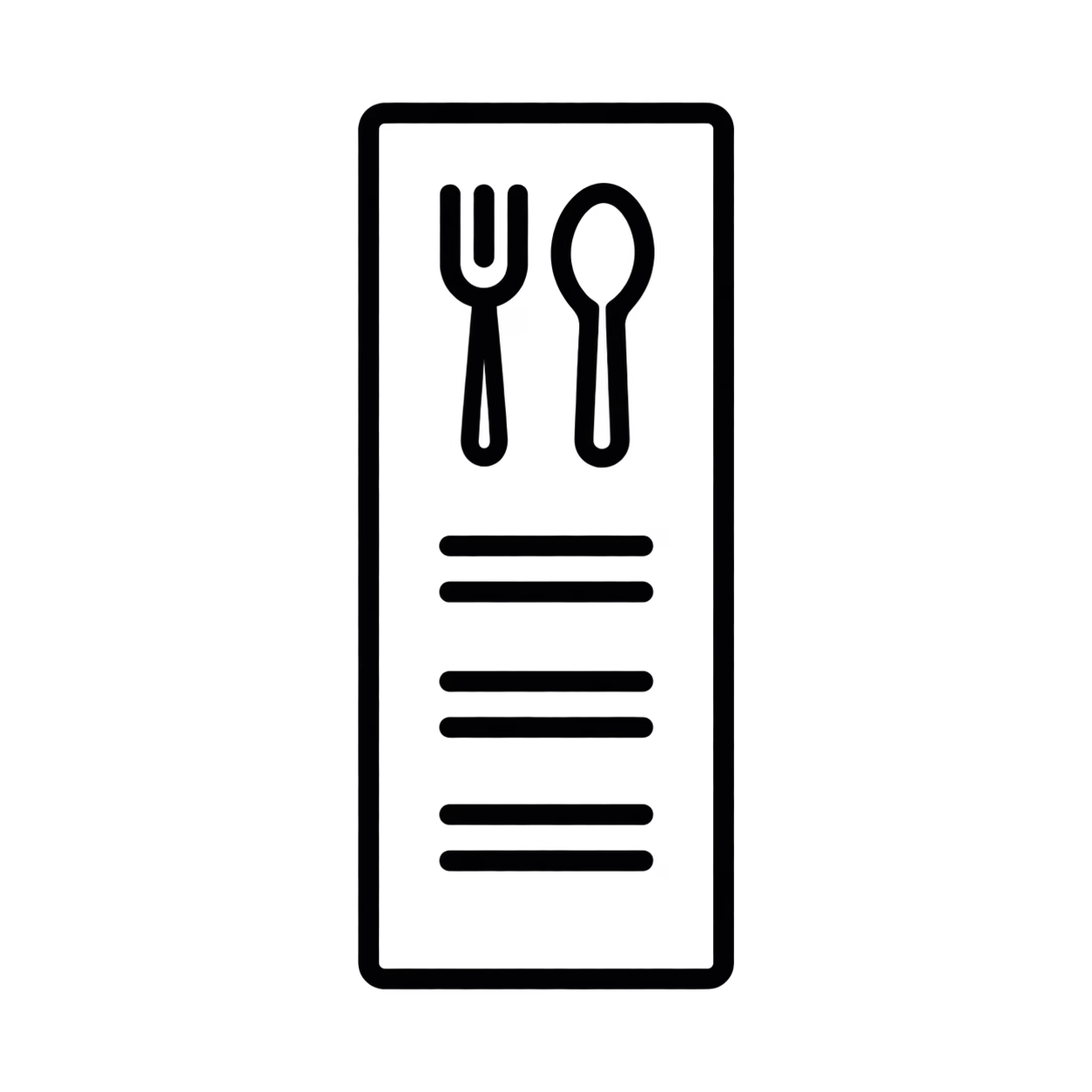 Black outline icon of a menu card with cutlery symbols.