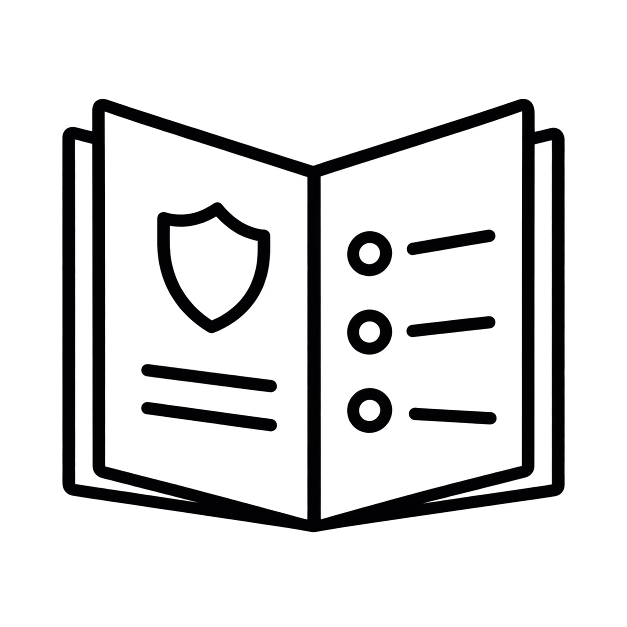 Black outline icon of an open club program with a shield crest and agenda lines.