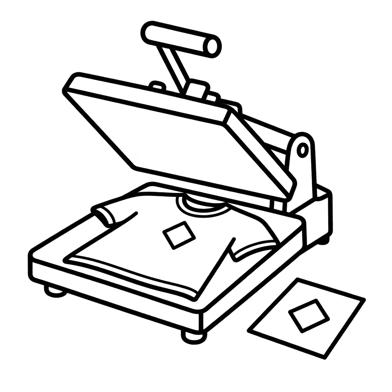 Black outline icon of a heat press applying a design to a T-shirt, with a transfer sheet alongside.