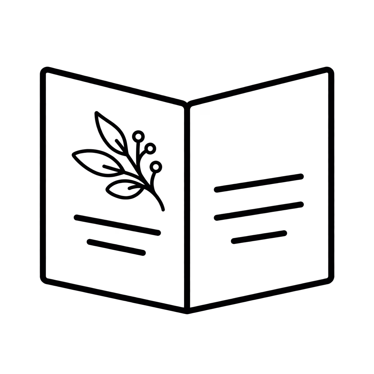 Black outline icon of an open order-of-service booklet with a eucalyptus detail.