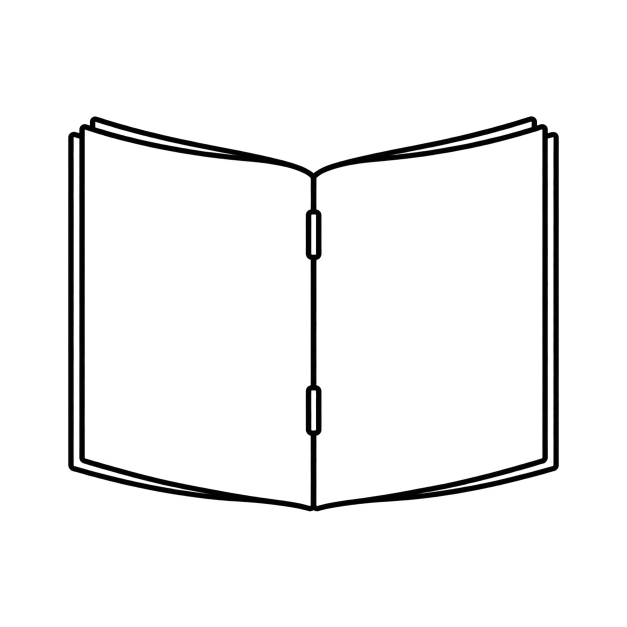 Black outline icon of an open booklet with two staples along the centre fold.