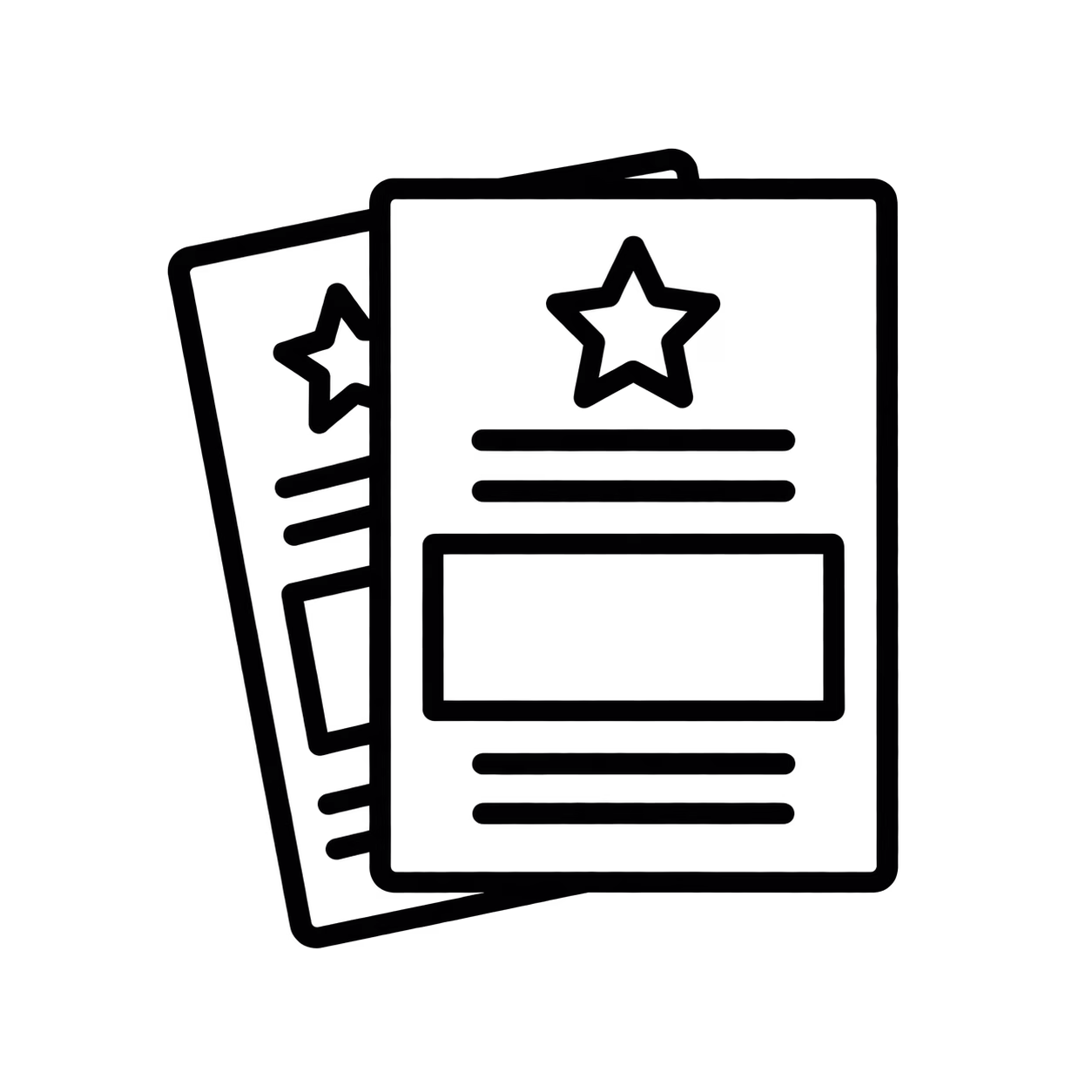 Black outline icon of overlapping event flyers with a star and information lines.