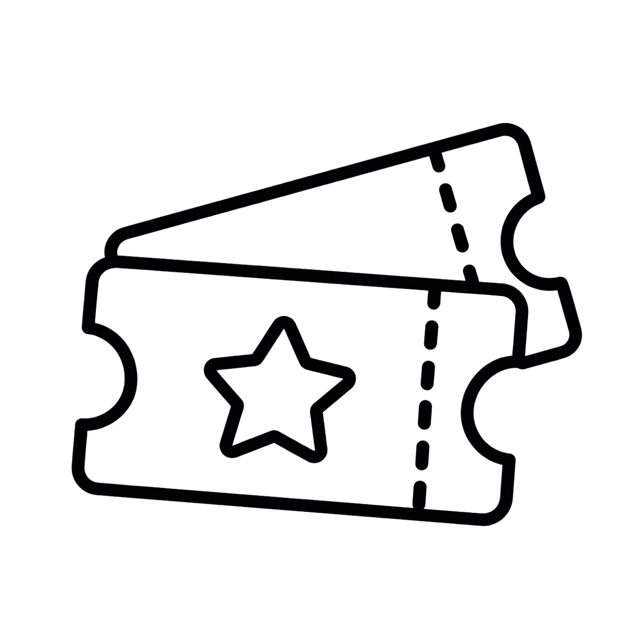 Black outline icon of overlapping event tickets with perforated stubs.