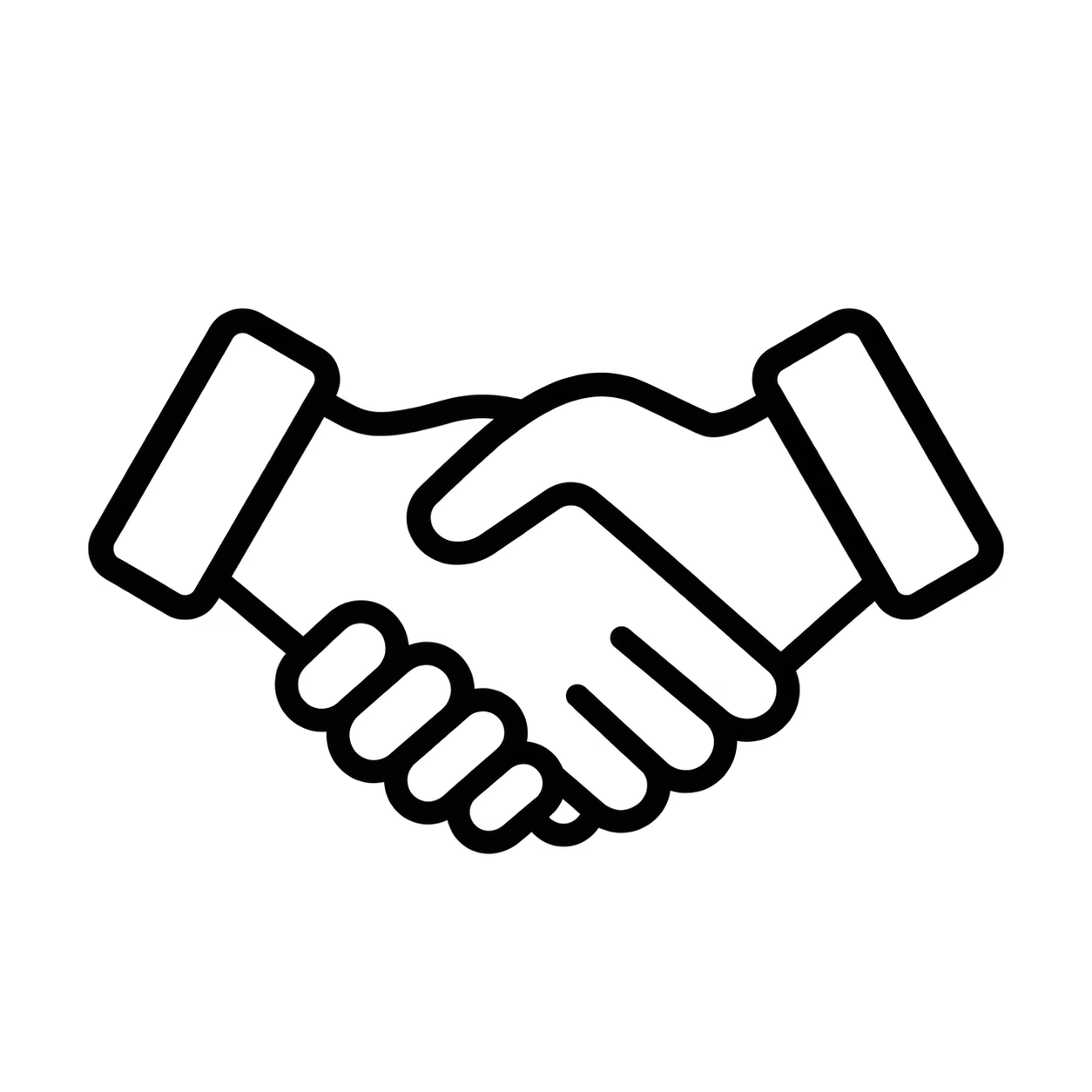 Black line illustration of a handshake representing personal service and trusted relationships.