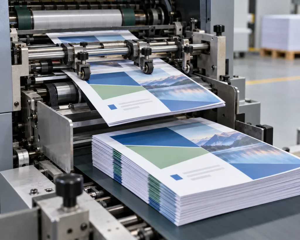 Commercial printing press feeding and stacking generic brochures on a production line.