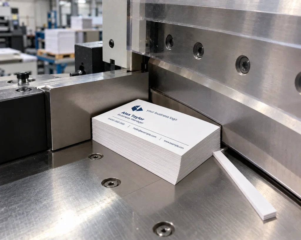 Commercial guillotine trimming a stack of rectangular business cards featuring a generic navy logo, sample name and contact details.