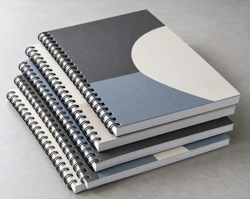 Stack of wiro-bound manuals with neutral geometric covers, black twin-loop wire binding and neatly trimmed white pages.