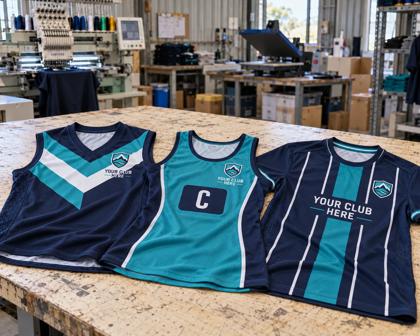 Australian rules football guernsey, netball singlet and soccer shirt in matching navy, teal and white, featuring “YOUR CLUB HERE” branding on a print workshop bench.