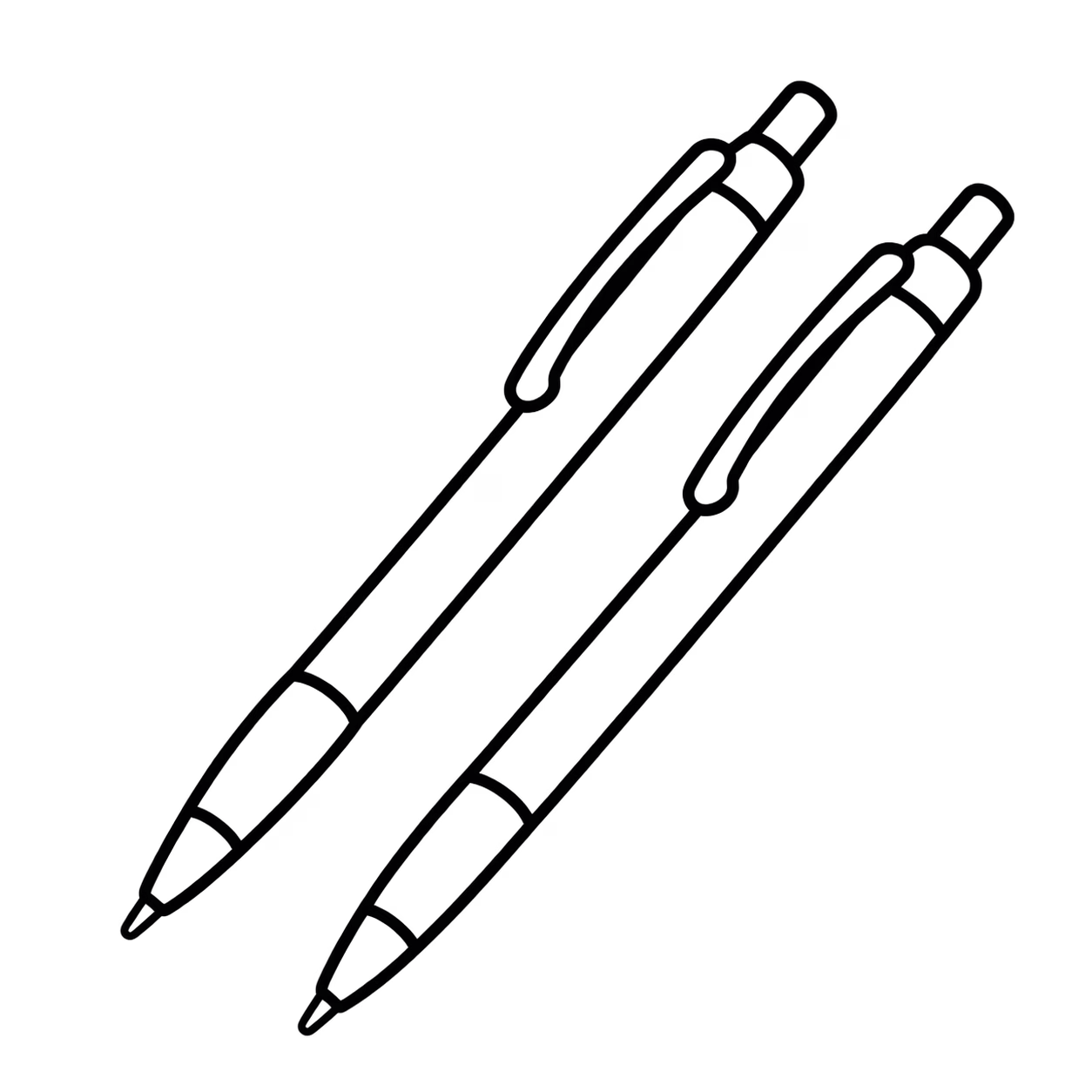 Black outline icon of two retractable ballpoint pens with pocket clips.