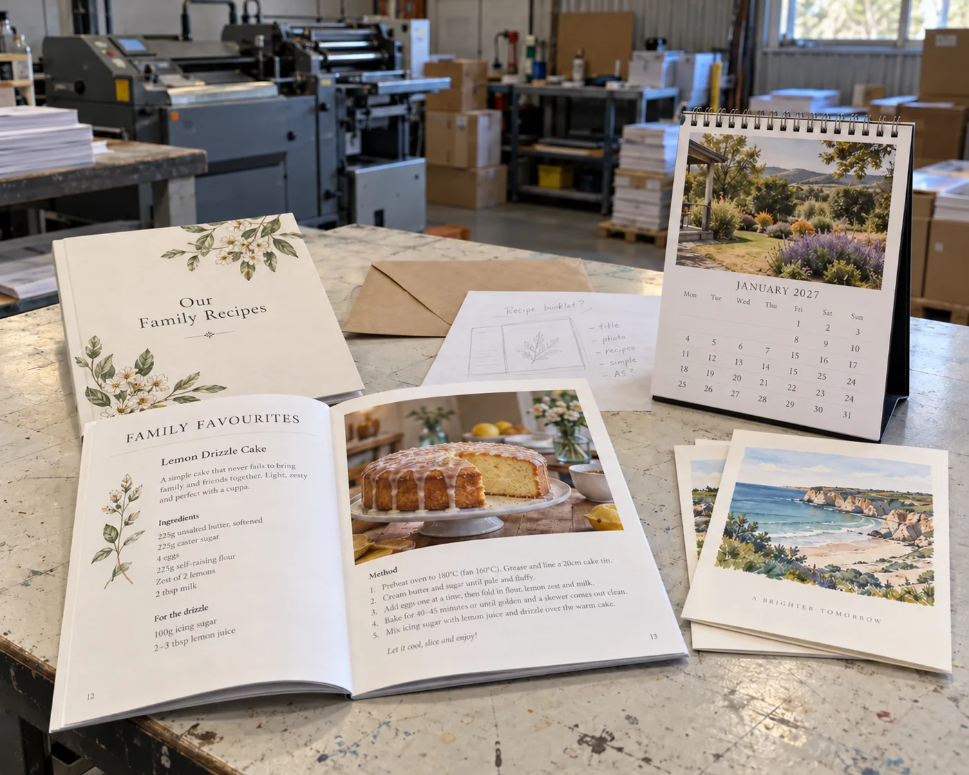 Family recipe booklets, illustrated keepsake cards and a January 2027 photo calendar on a worn print workshop bench.