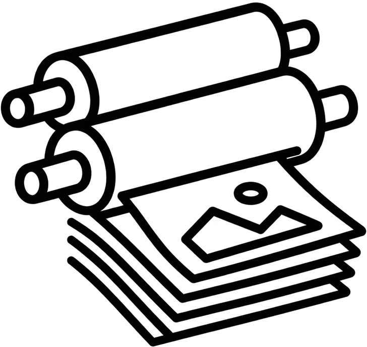 Line illustration of a commercial printing press representing offset printing.