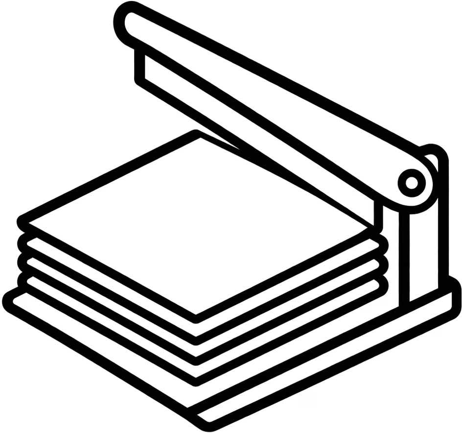 Line illustration of a paper guillotine used for precision cutting and trimming.